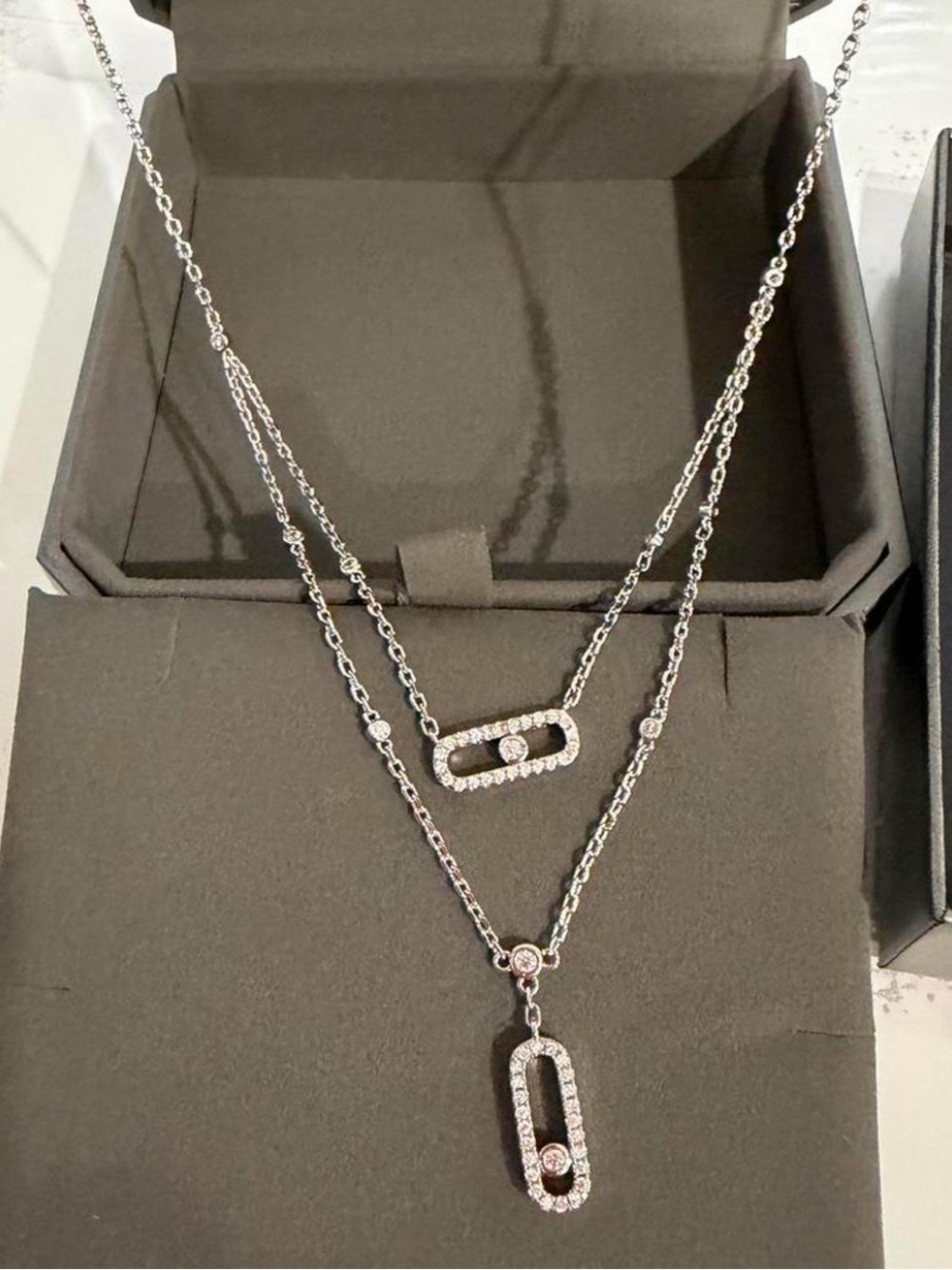 Messika Silver Double-Layer Open Oval Necklace with Pavé Diamonds